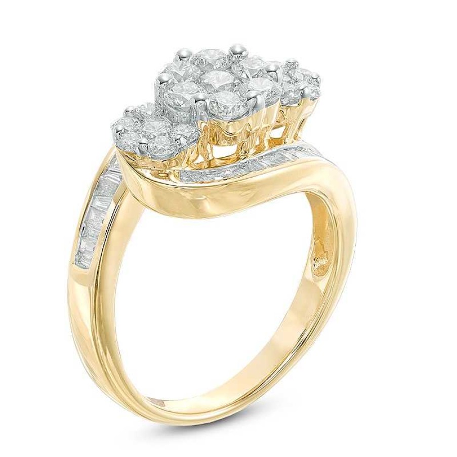 Rings Zales | 1-1/2 Ct. T.W. Multi-Diamond Three Flower Bypass Ring In 14K Gold