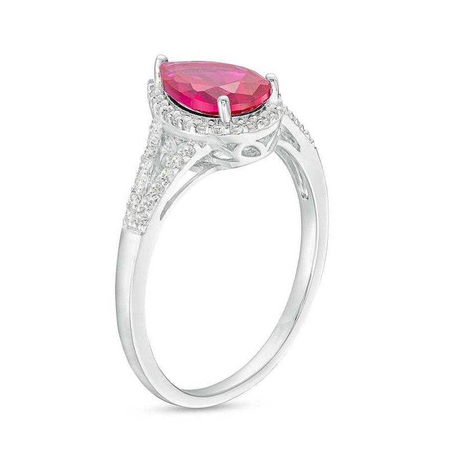 Rings Zales | Pear-Shaped Lab-Created Ruby And White Lab-Created Sapphire Frame Split Shank Ring In Sterling Silver