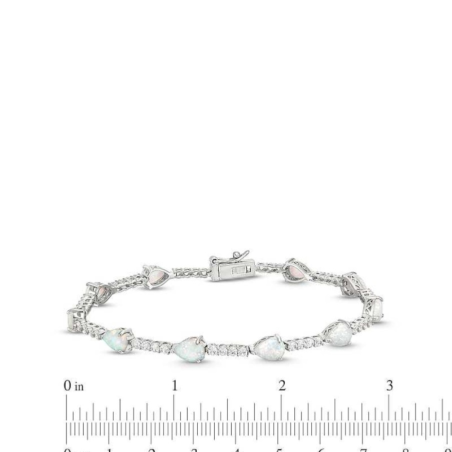 Bracelets Zales | Pear-Shaped Lab-Created Opal And White Lab-Created Sapphire Station Line Bracelet In Sterling Silver - 7.25"