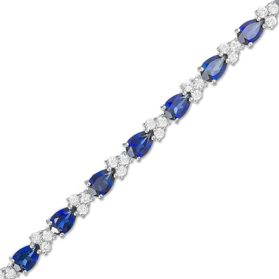 Bracelets Zales | Pear-Shaped Lab-Created Blue And White Sapphire Trios Bracelet In Sterling Silver