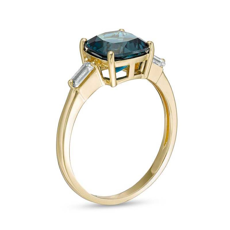 Rings Zales | 8.0Mm Cushion-Cut London Blue And White Topaz Side Accent Ring In 10K Gold