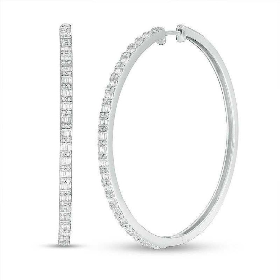 Earrings Zales | 1 Ct. T.W. Baguette And Round Diamond Alternating Double Row Hoop Earrings In 10K White Gold