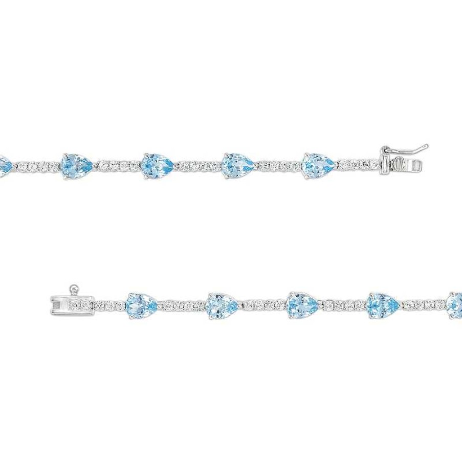 Bracelets Zales | Pear-Shaped Blue Lab-Created Spinel And White Lab-Created Sapphire Station Line Bracelet In Sterling Silver - 7.25"