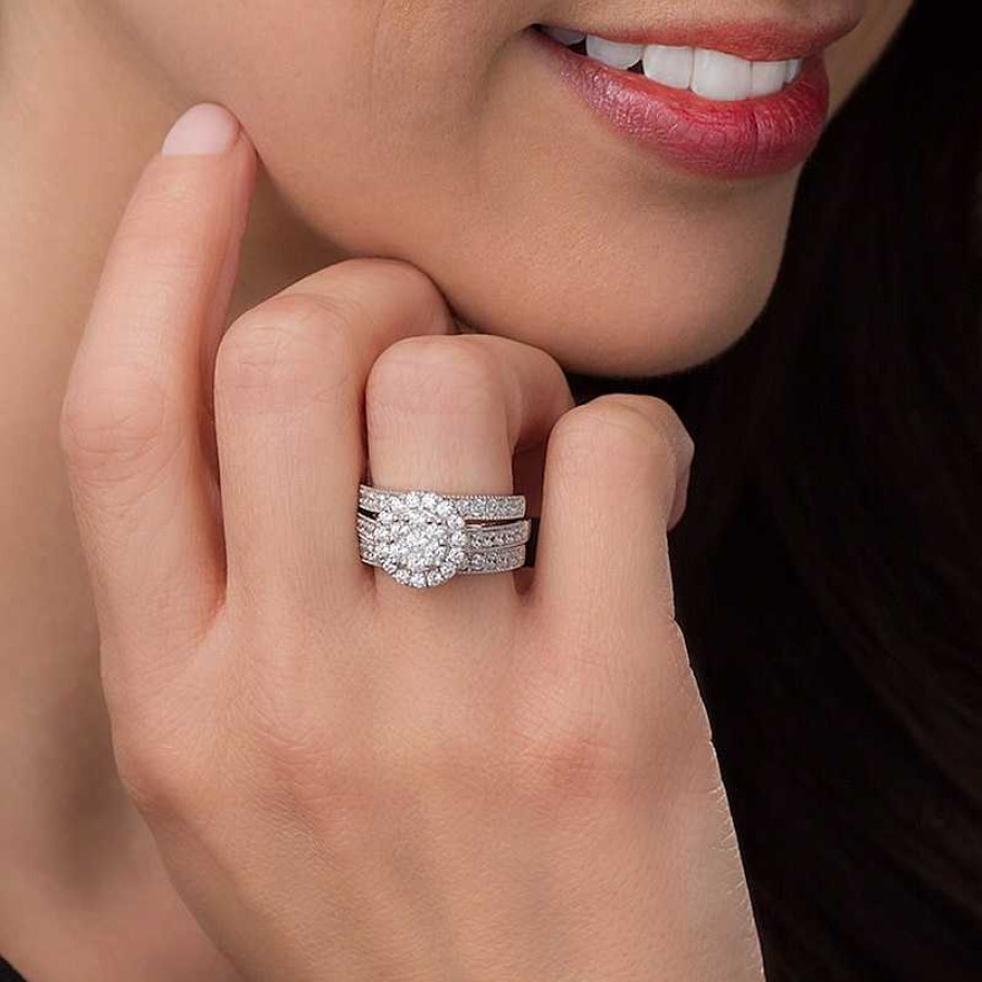 Rings Zales | 2 Ct. T.W. Multi-Diamond Frame Vintage-Style Bridal Set In 14K White Gold - Size 7