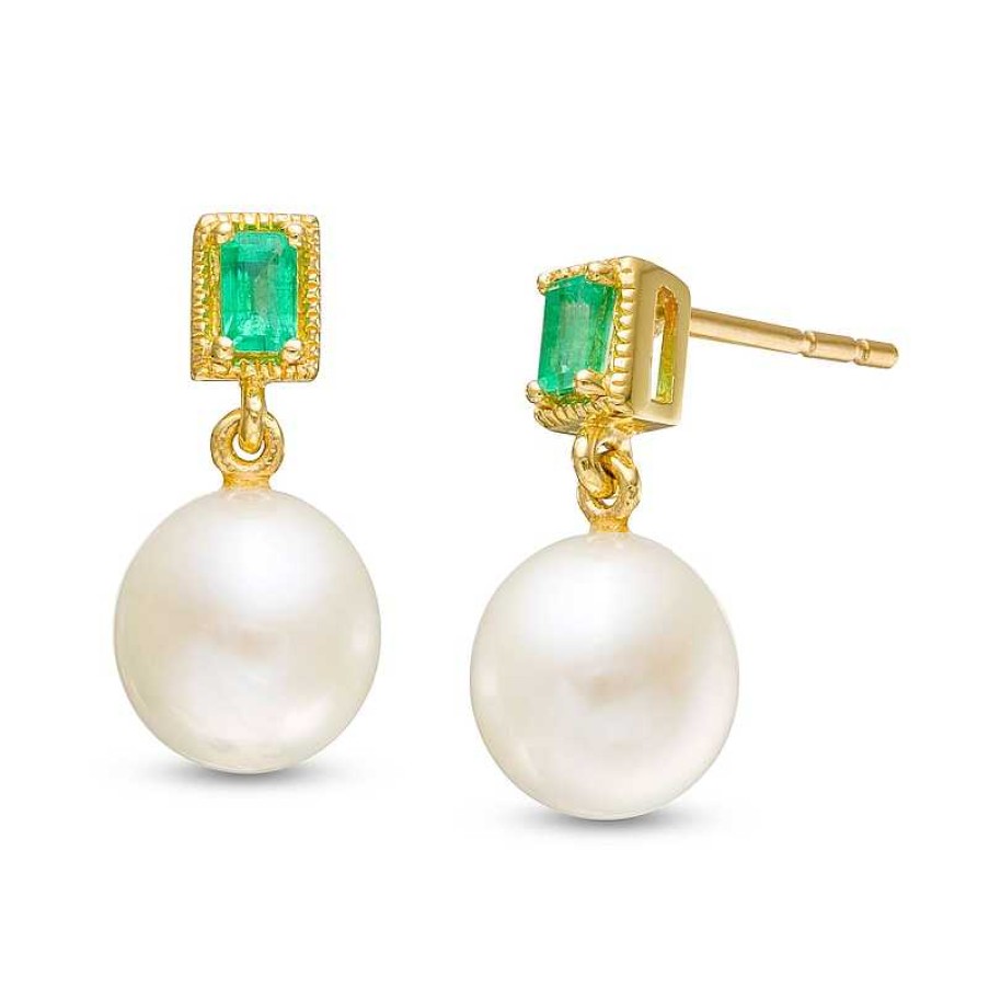 Earrings Zales | 7.0Mm Cultured Freshwater Pearl And Baguette Emerald Vintage-Style Drop Earrings In 10K Gold