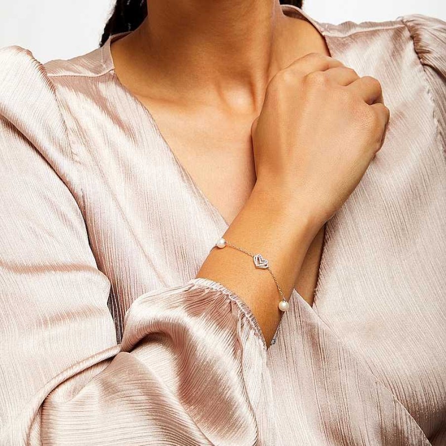 Bracelets Zales | The Kindred Heart From Vera Wang Love Collection Cultured Freshwater Pearl And Diamond Heart Bracelet In Sterling Silver