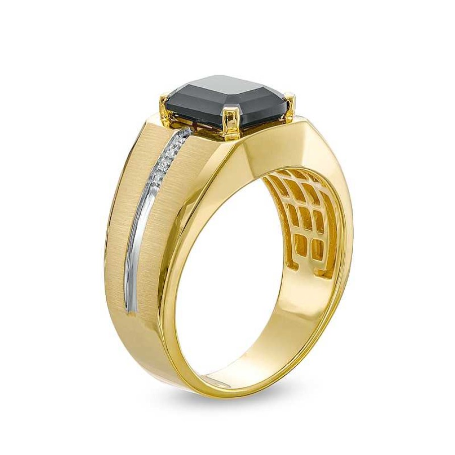 Rings Zales | Men'S Cushion-Cut Onyx And Diamond Accent Inlay Ring In 10K Two-Tone Gold