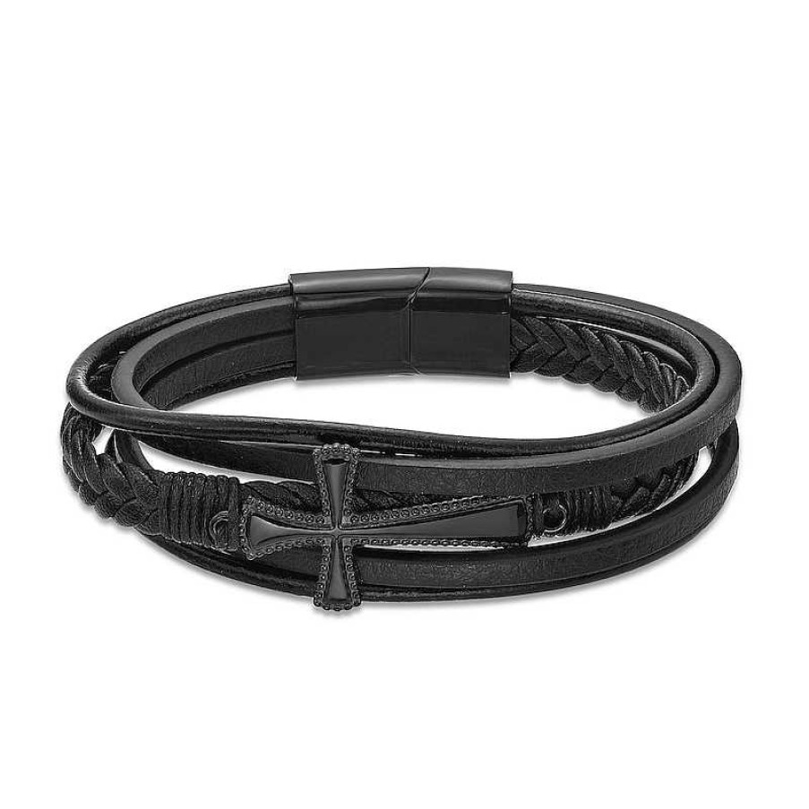 Bracelets Zales | Men'S 14.0Mm Leather Braided Stacked Cross Bracelet With Black Ip Stainless Steel Clasp - 8.5"