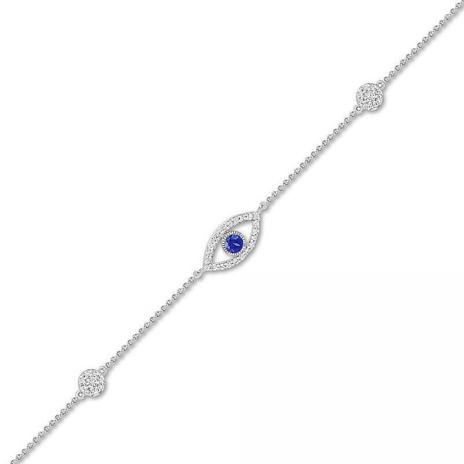 Bracelets Zales | 3.0Mm Blue And White Lab-Created Sapphire Evil Eye Anklet In Sterling Silver - 10"