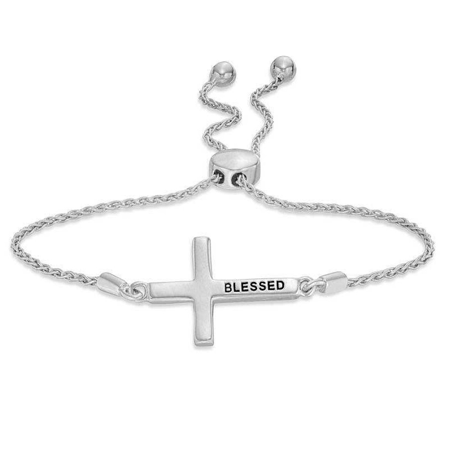 Bracelets Zales | 1/10 Ct. T.W. Diamond Sideways Cross Bolo Bracelet In Sterling Silver (1 Line) - 9.5"