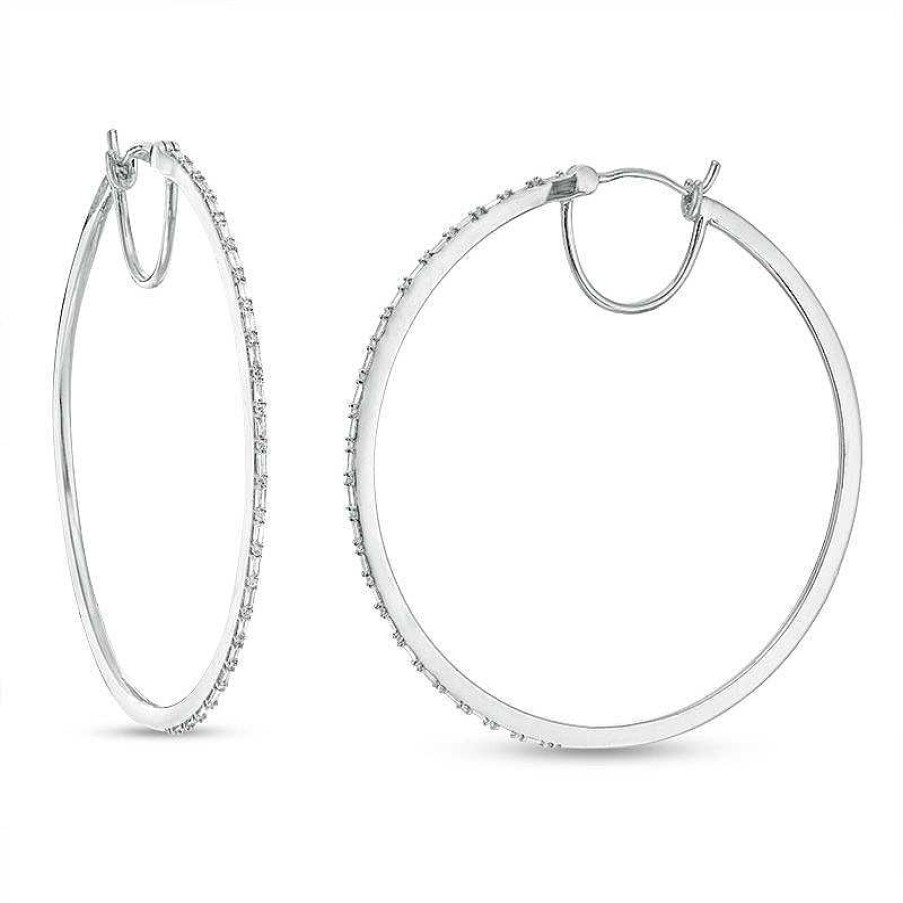 Earrings Zales | 1/2 Ct. T.W. Baguette And Round Diamond Alternating Hoop Earrings In 10K White Gold