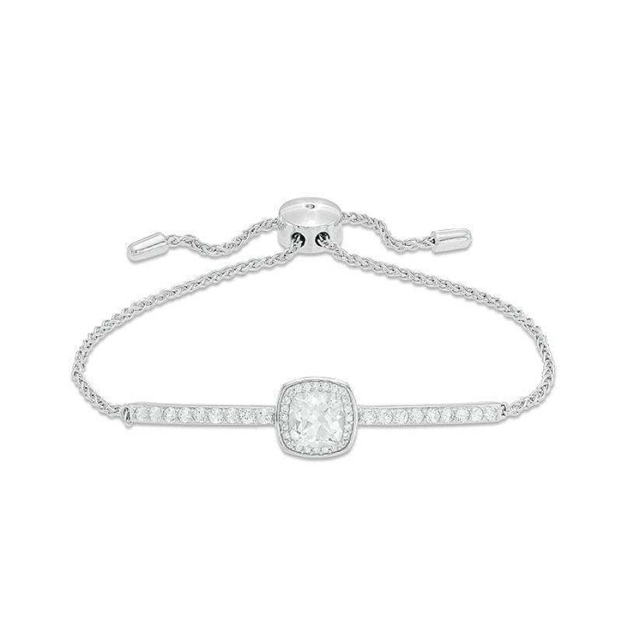 Bracelets Zales | 7.0Mm Cushion-Cut Lab-Created White Sapphire Frame Bolo Bracelet In Sterling Silver - 9.0"