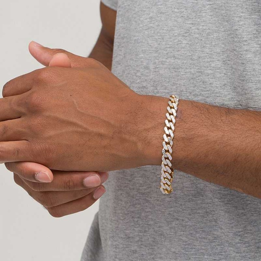 Bracelets Zales | Men'S 9.5Mm Diamond-Cut Hollow Curb Chain Bracelet In 14K Two-Tone Gold - 8.25"