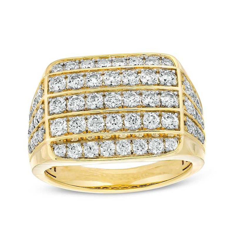 Rings Zales | Men'S 2 Ct. T.W. Certified Lab-Created Diamond Multi-Row Rectangle-Top Rounded Edge Ring In 14K Gold