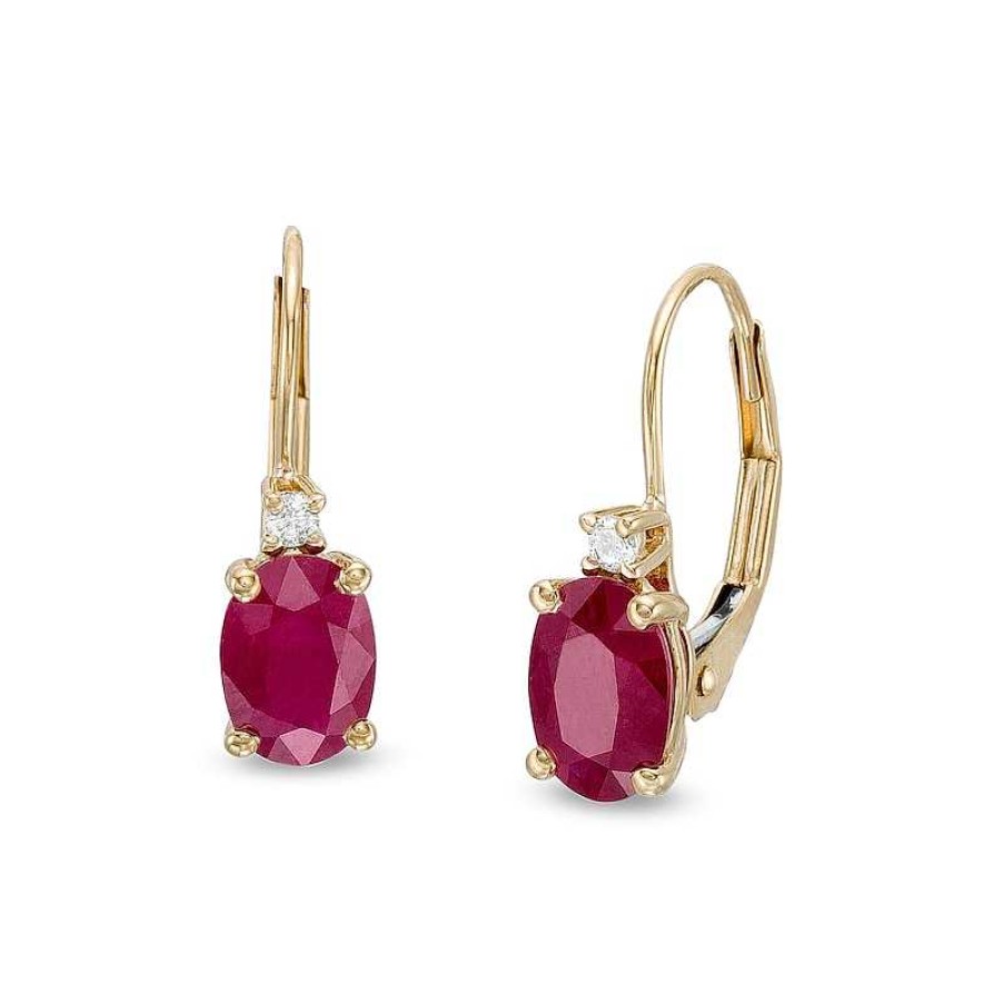 Earrings Zales | Oval Ruby And 1/20 Ct. T.W. Diamond Drop Earrings In 10K Gold