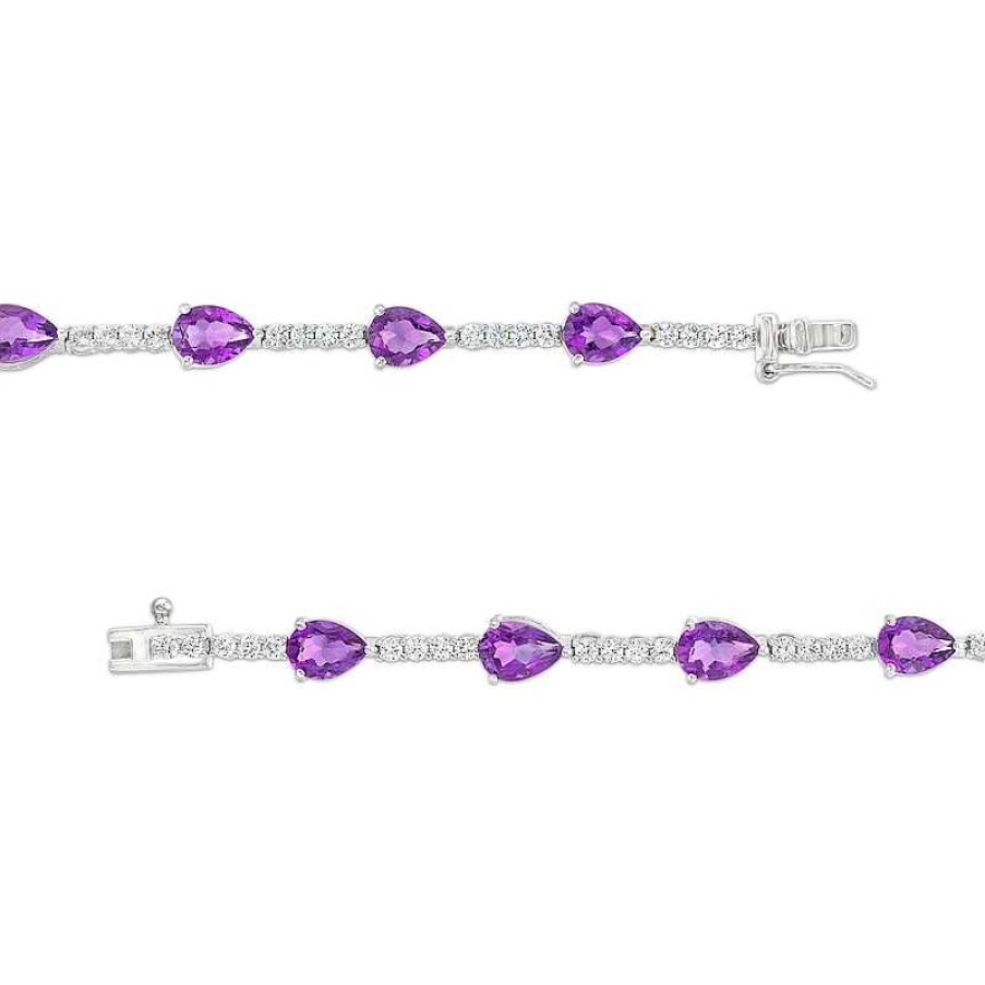 Bracelets Zales | Pear-Shaped Amethyst And White Lab-Created Sapphire Station Line Bracelet In Sterling Silver - 7.25"