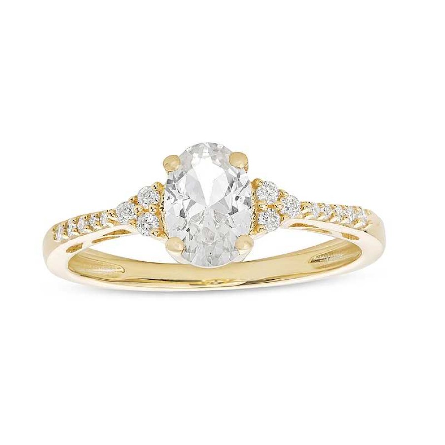 Rings Zales | Oval White Lab-Created Sapphire And 1/10 Ct. T.W. Diamond Ring In 10K Gold