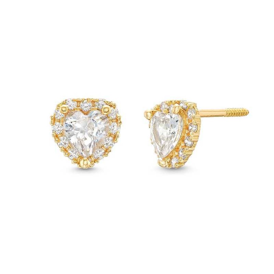 Earrings Zales | Child'S Cubic Zirconia Frame Heart Stud Earrings In 14K Gold