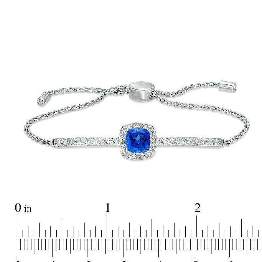 Bracelets Zales | 7.0Mm Cushion-Cut Lab-Created Blue And White Sapphire Frame Bolo Bracelet In Sterling Silver - 9.0"