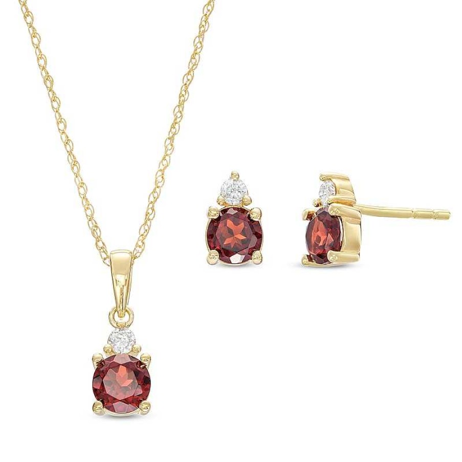 Earrings Zales | Garnet And 1/15 Ct. T.W. Diamond Stacked Drop Pendant And Stud Earrings Set In 10K Gold