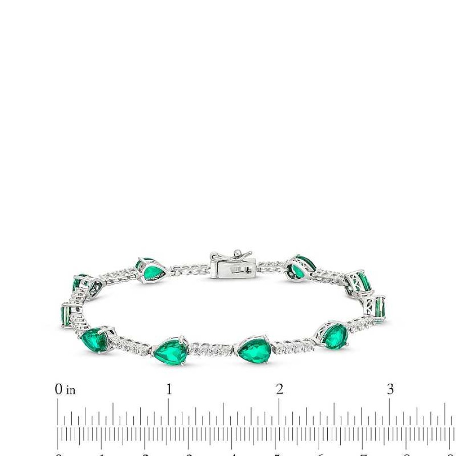 Bracelets Zales | Pear-Shaped Green Quartz And White Lab-Created Sapphire Station Line Bracelet In Sterling Silver - 7.25"