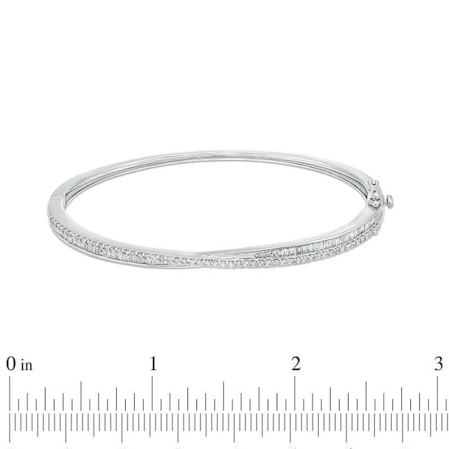 Bracelets Zales | 1 Ct. T.W. Baguette And Round Diamond Criss-Cross Bangle In 10K White Gold