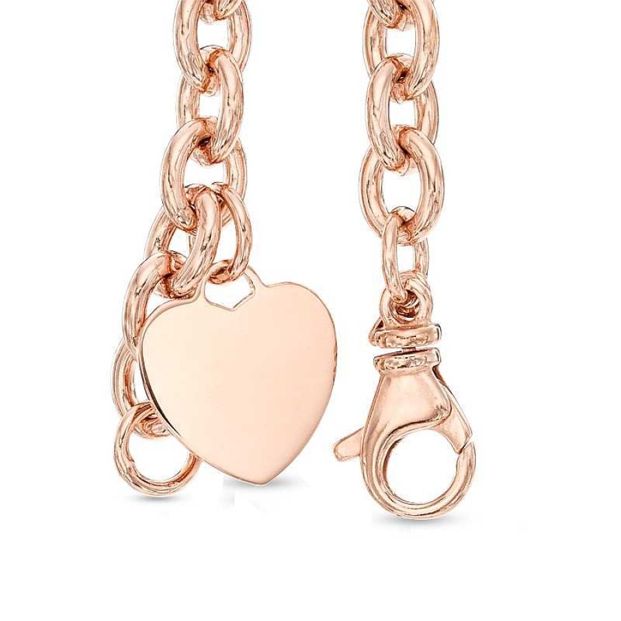 Bracelets Zales | 7.6Mm Chunky Link Chain Bracelet With Heart Charm In Sterling Silver With 14K Rose Gold Plate - 7.5"