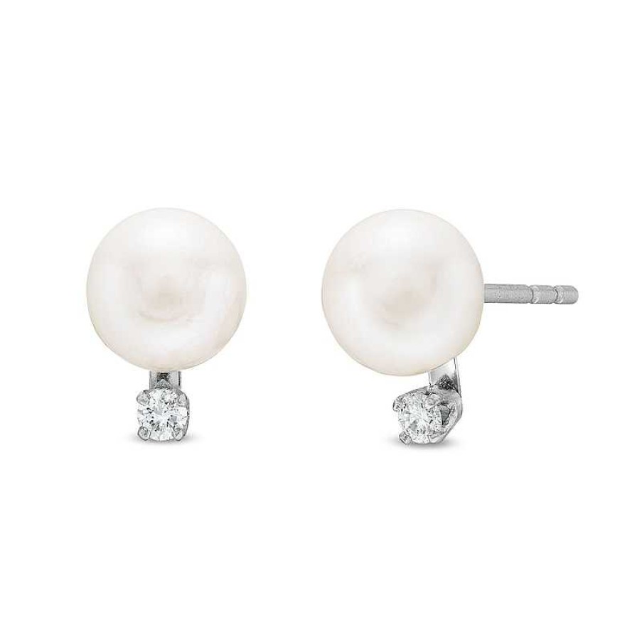 Earrings Zales | 6.0 - 6.5Mm Cultured Akoya Pearl And 1/20 Ct. T.W. Diamond Stud Earrings In 14K White Gold