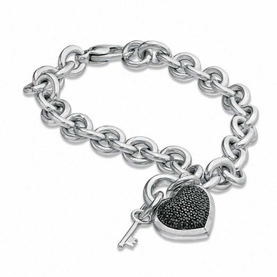 Bracelets Zales | 1/3 Ct. T.W. Black Diamond Heart With Key Charm Bracelet In Sterling Silver - 7.5"