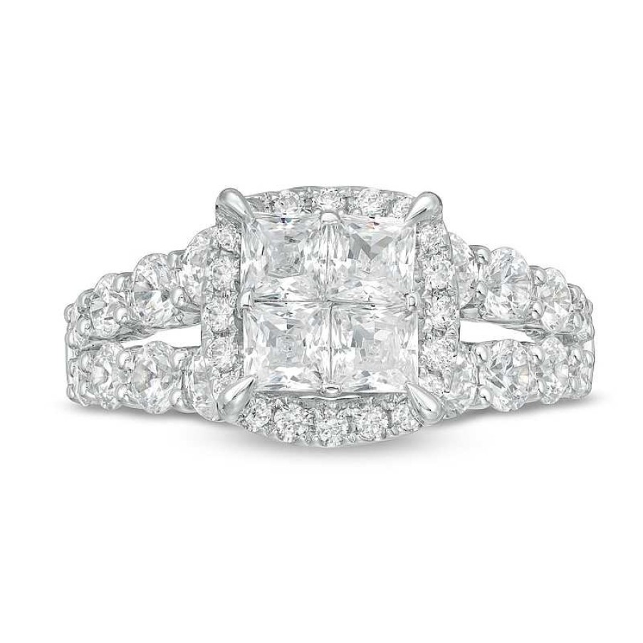 Rings Zales | 3 Ct. T.W. Princess-Cut Quad Diamond Frame Split Shank Engagement Ring In 14K White Gold