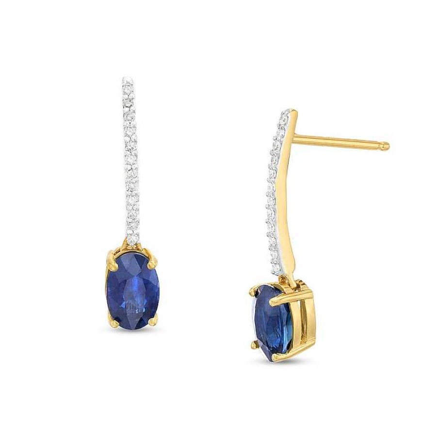 Earrings Zales | Oval Blue Sapphire And 1/15 Ct. T.W. Diamond Drop Earrings In 10K Gold