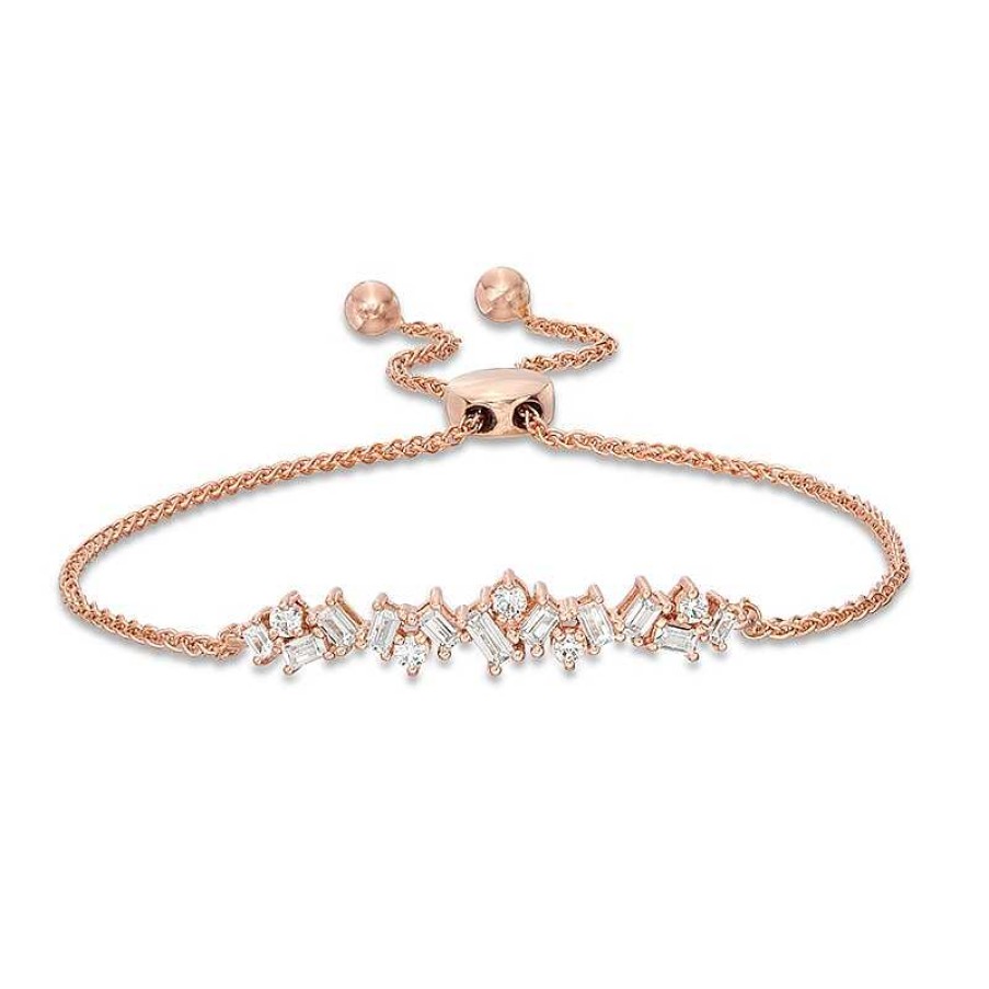 Bracelets Zales | Previously Owned - 1/2 Ct. T.W. Baguette And Round Diamond Scatter Bolo Bracelet In 10K Rose Gold - 9.5"