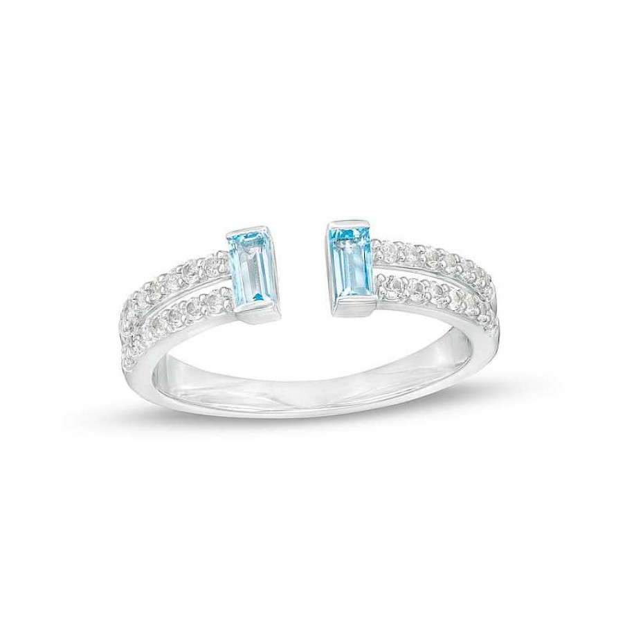 Rings Zales | Baguette Swiss Blue Topaz And White Lab-Created Sapphire Open Shank Ring In Sterling Silver - Size 7