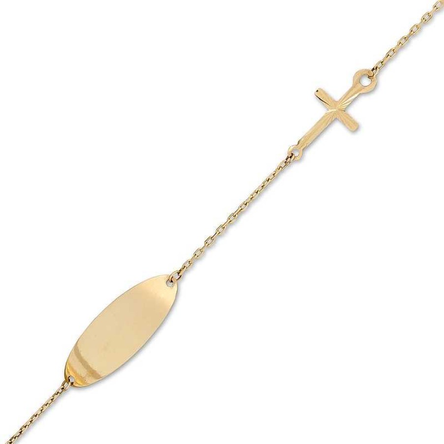 Bracelets Zales | Child'S Oval Id And Cross Bracelet In 14K Gold - 6"