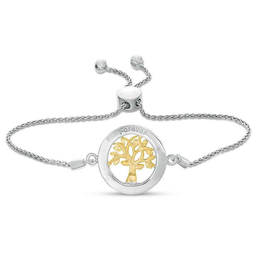 Bracelets Zales | 1/15 Ct. T.W. Diamond Open Circle With Family Tree Bolo Bracelet In Sterling Silver And 10K Gold (1 Line) - 9.5"