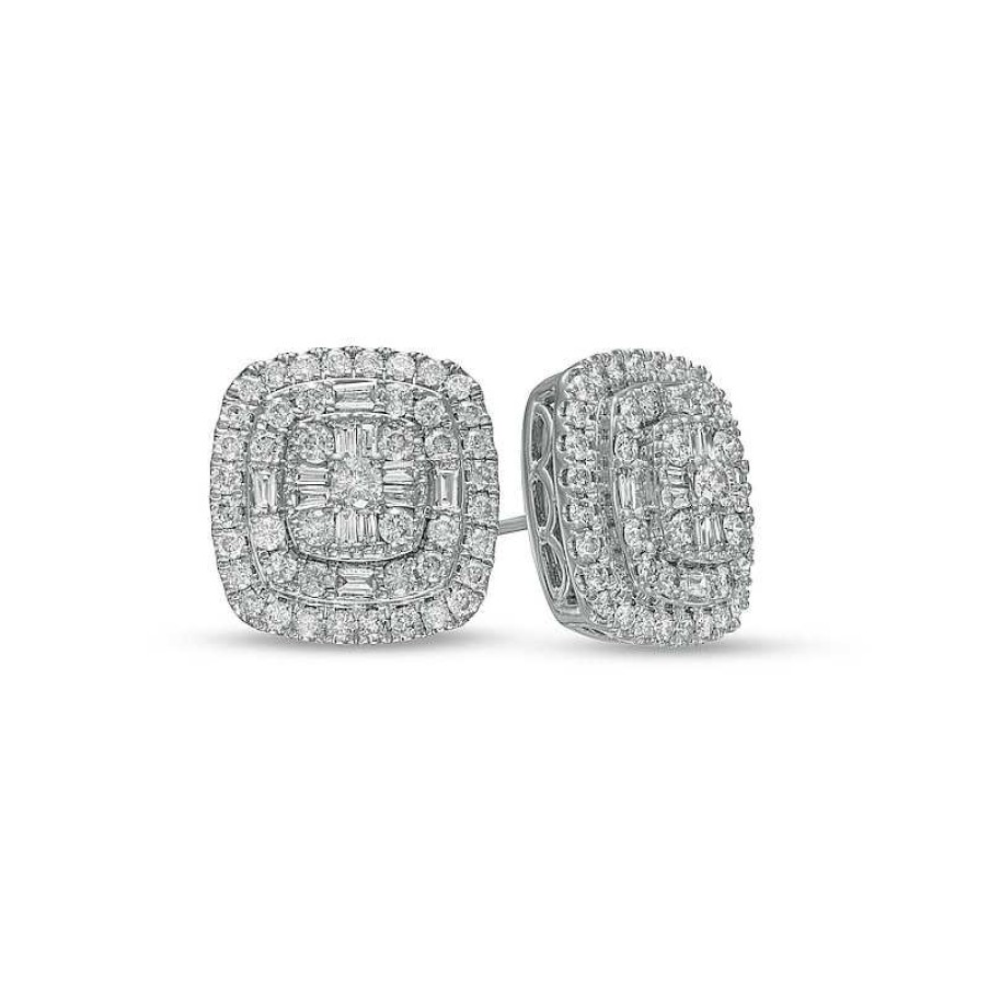 Earrings Zales | 1 Ct. T.W. Cushion-Shaped Multi-Diamond Double Frame Layered Stud Earrings In 10K White Gold