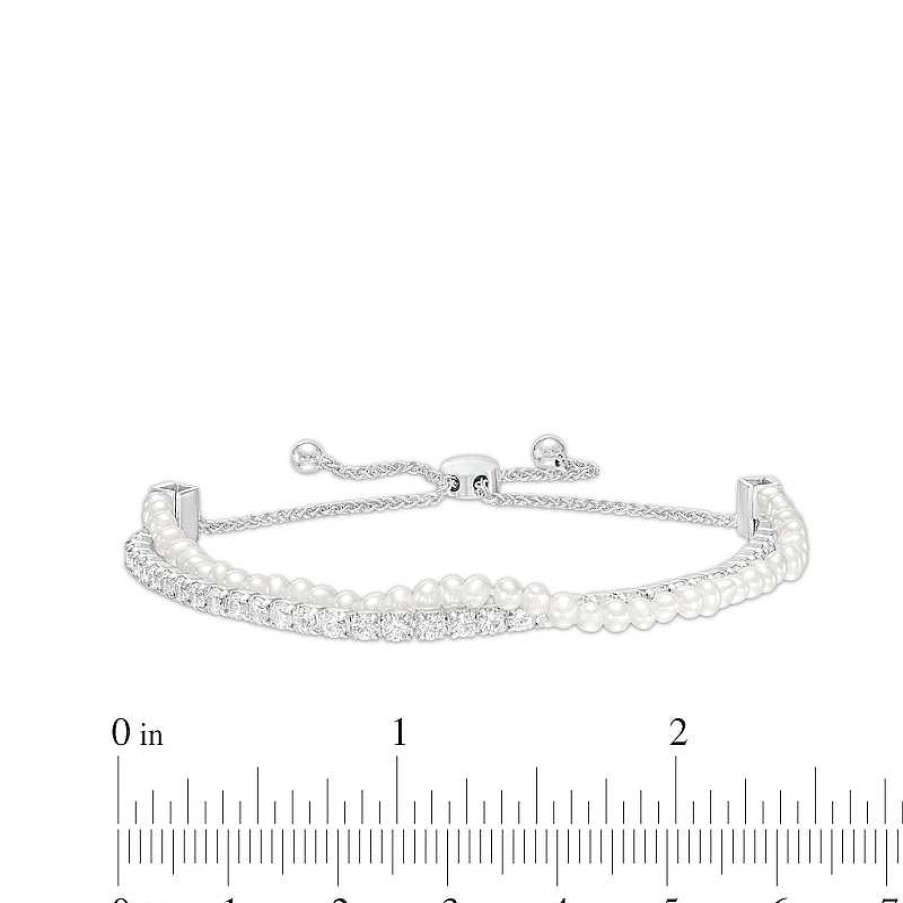 Bracelets Zales | Cultured Freshwater Pearl Strand And White Lab-Created Sapphire Line Double Row Bolo Bracelet In Sterling Silver - 9.0"