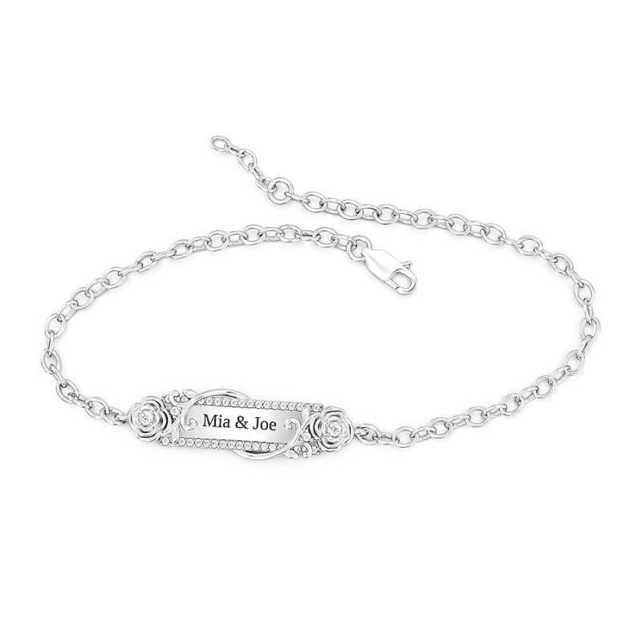 Bracelets Zales | Enchanted Disney Belle 1/5 Ct. T.W. Diamond Rose Engravable Bar Bracelet In Sterling Silver (1 Line) - 7.75"