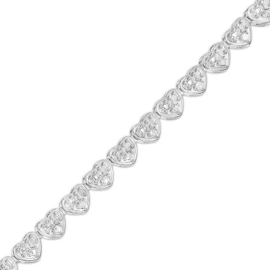 Bracelets Zales | 1/10 Ct. T.W. Diamond Beaded Hearts Link Line Bracelet In Sterling Silver - 7.25"