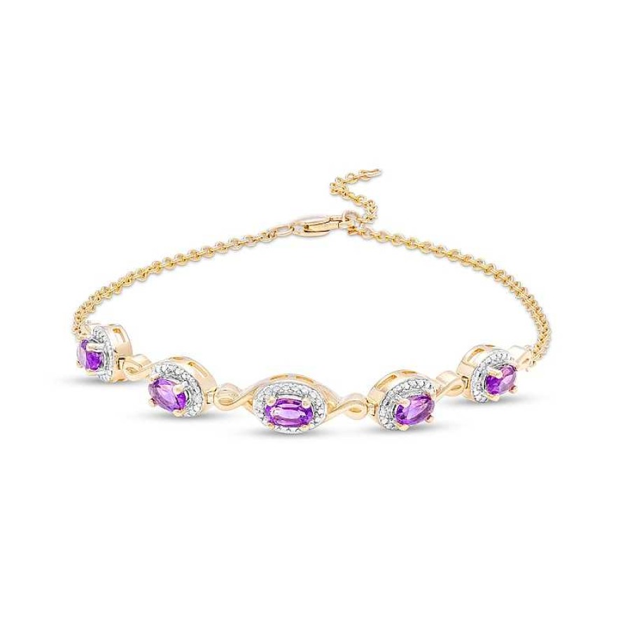 Bracelets Zales | Oval Amethyst And Diamond Accent Twist Five Stone Bracelet In 10K Gold – 8.0"