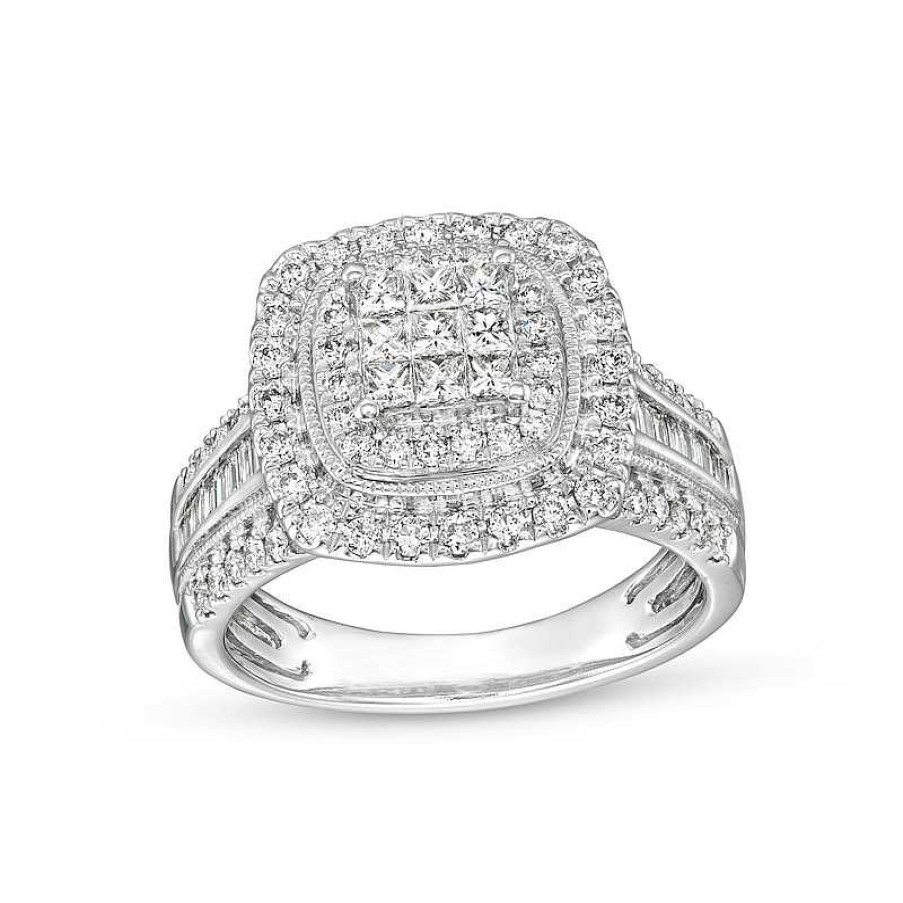 Rings Zales | 1 Ct. T.W. Princess-Cut Multi-Diamond Cushion Frame Vintage-Style Engagement Ring In 10K White Gold