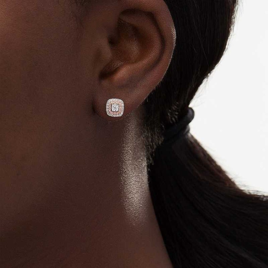 Earrings Zales | 1/5 Ct. T.W. Diamond Cushion Frame Stud Earrings In Sterling Silver And 10K Rose Gold