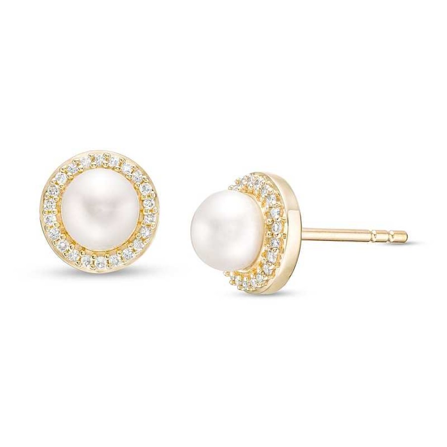 Earrings Zales | 6.0Mm Cultured Freshwater Pearl And 1/10 Ct. T.W. Diamond Frame Stud Earrings In 10K Gold