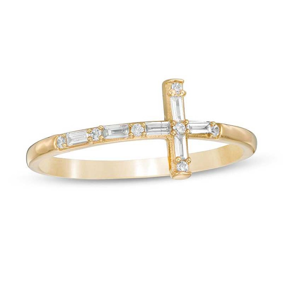 Rings Zales | 1/8 Ct. T.W. Baguette And Round Diamond Cross Ring In 10K Gold