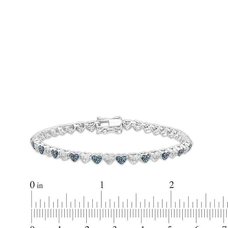 Bracelets Zales | 1/10 Ct. T.W. Blue And White Diamond Beaded Alternating Hearts Line Bracelet In Sterling Silver And Blue Resin - 7.25"