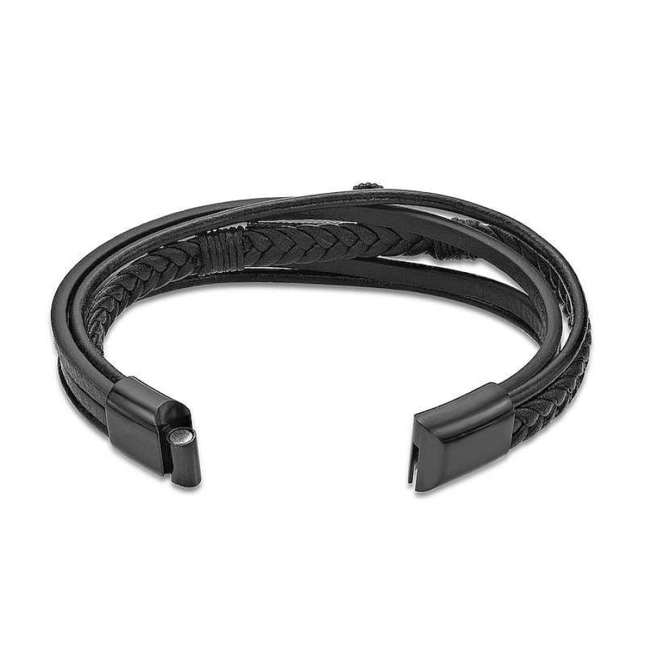 Bracelets Zales | Men'S 14.0Mm Leather Braided Stacked Cross Bracelet With Black Ip Stainless Steel Clasp - 8.5"