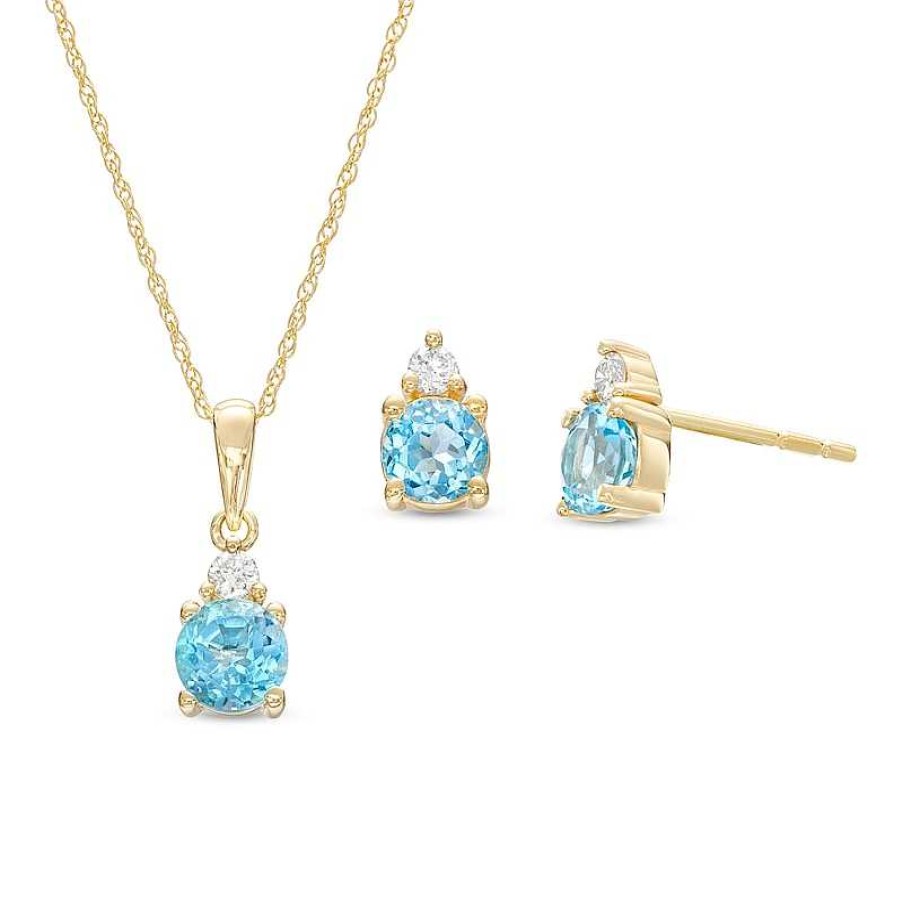 Earrings Zales | Swiss Blue Topaz And 1/15 Ct. T.W. Diamond Stacked Drop Pendant And Stud Earrings Set In 10K Gold