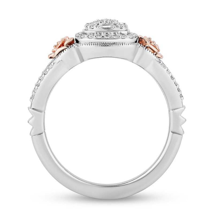 Rings Zales | Enchanted Disney Belle 1/3 Ct. T.W. Cushion-Shaped Multi-Diamond Frame Ring In Sterling Silver And 10K Rose Gold