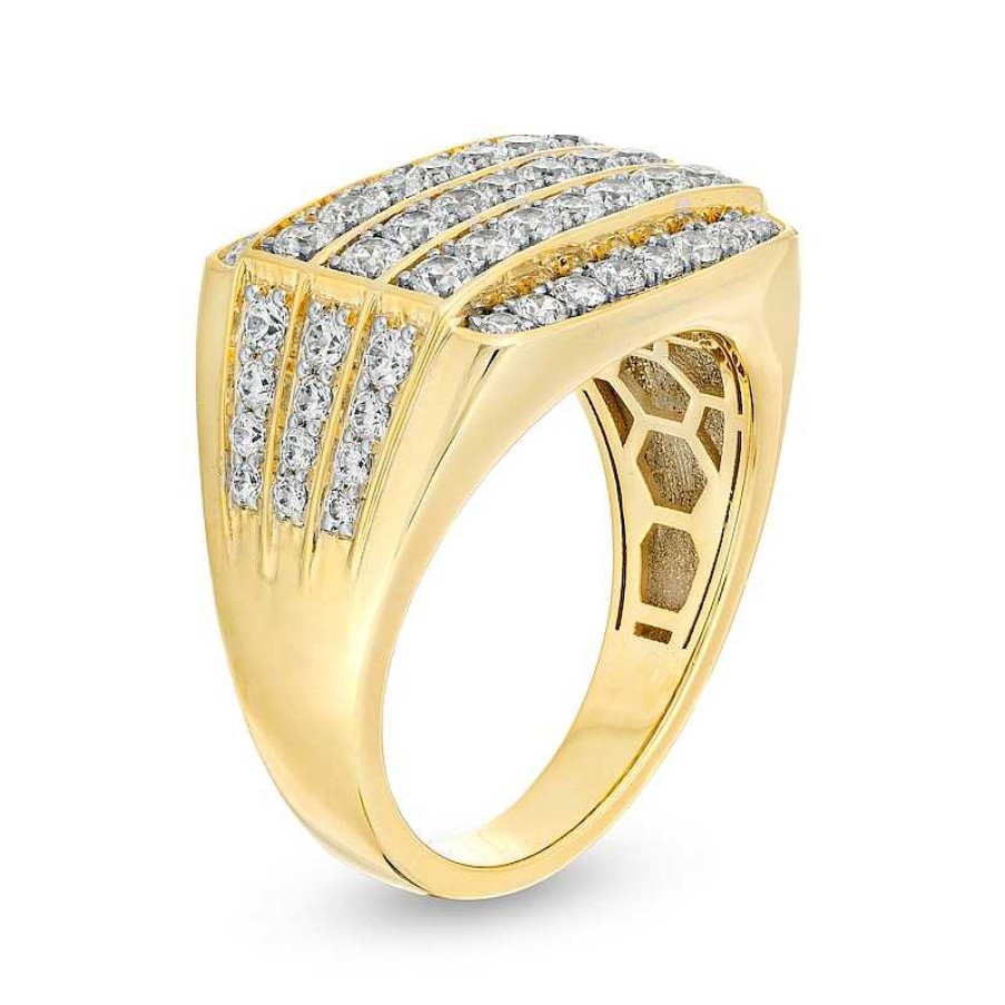 Rings Zales | Men'S 2 Ct. T.W. Certified Lab-Created Diamond Multi-Row Rectangle-Top Rounded Edge Ring In 14K Gold