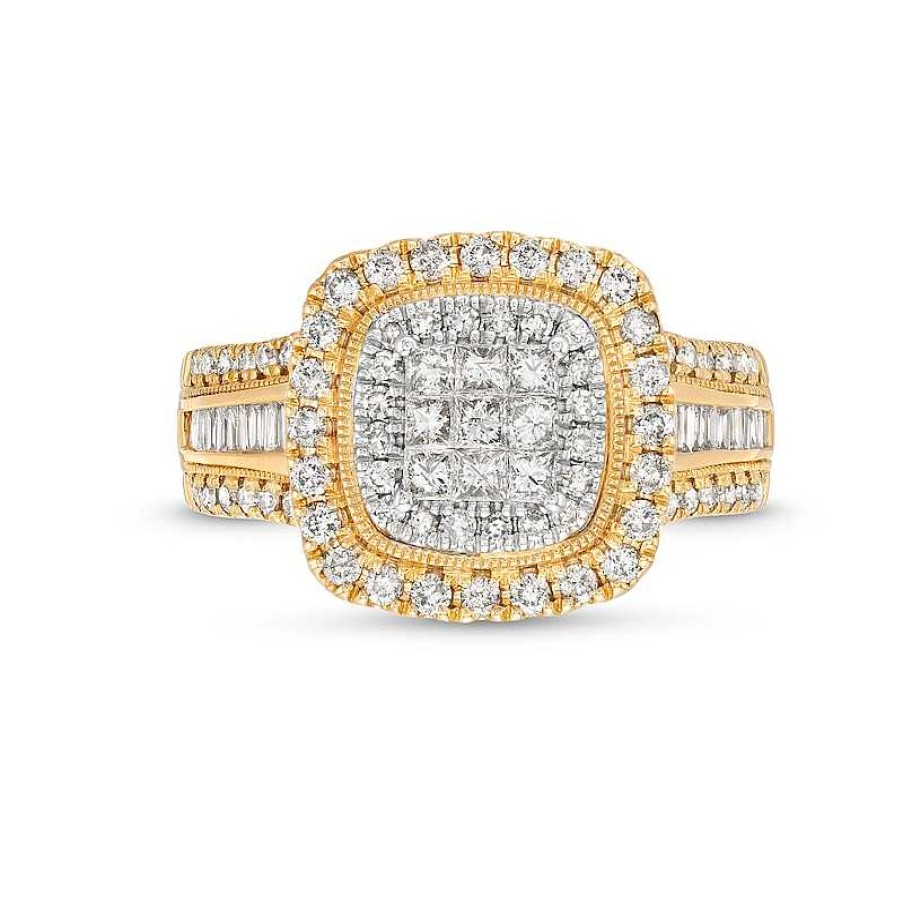 Rings Zales | 1 Ct. T.W. Princess-Cut Multi-Diamond Cushion Frame Vintage-Style Engagement Ring In 10K Gold